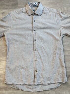 Bertigo Men’s Button Down Shirt Beige Short Sleeve Casual Modern Fit Medium Tan